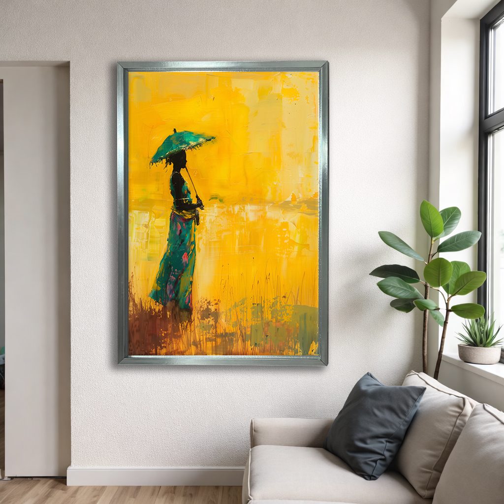Woman with Umbrella on Yellow canvas wall art, silver floating frame