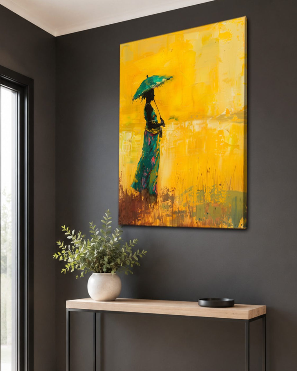 Woman with Umbrella on Yellow canvas wall art, unframed canvas
